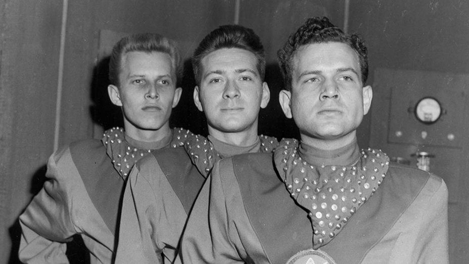 Jan Merlin, Al Markim, and Frankie Thomas in "Tom Corbett, Space Cadet" (CBS, 1950-1955).